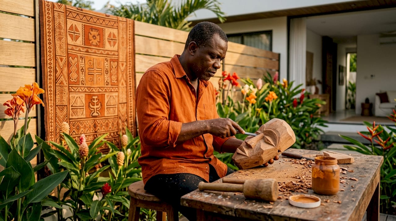 Artisan carving traditional African mask outdoors