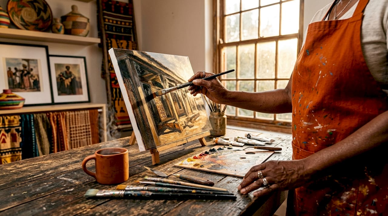 Artist hands painting Lowcountry Praise House details