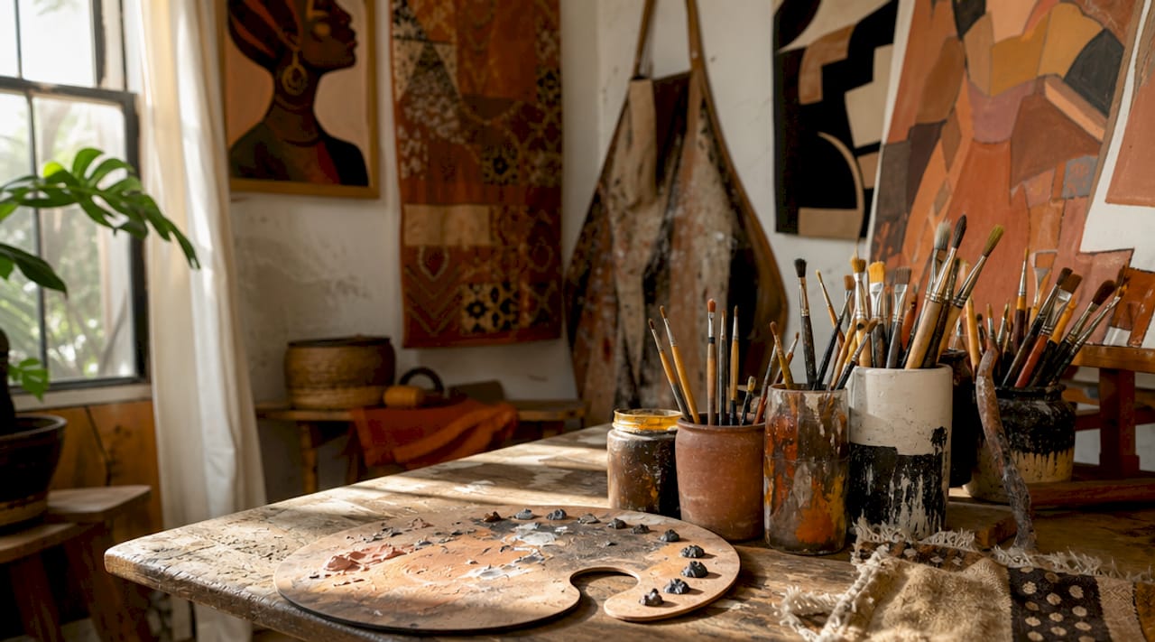 Artist palette with varied black oil paints