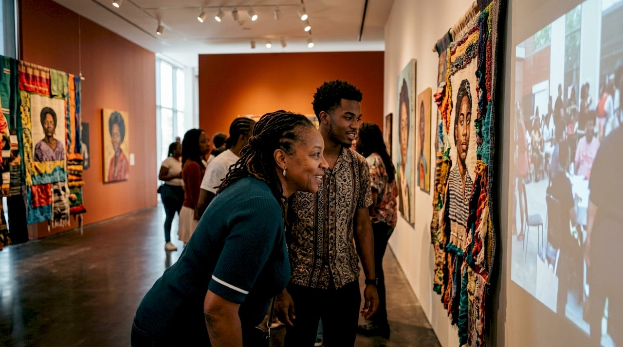 Gallery visitors viewing contemporary Black multimedia art