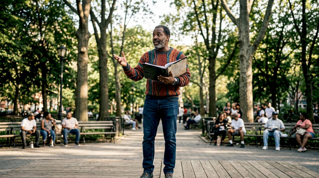 Playwright rehearsing in Harlem theater