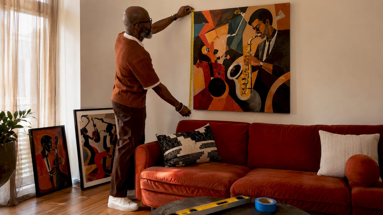 Man measuring wall space above sofa