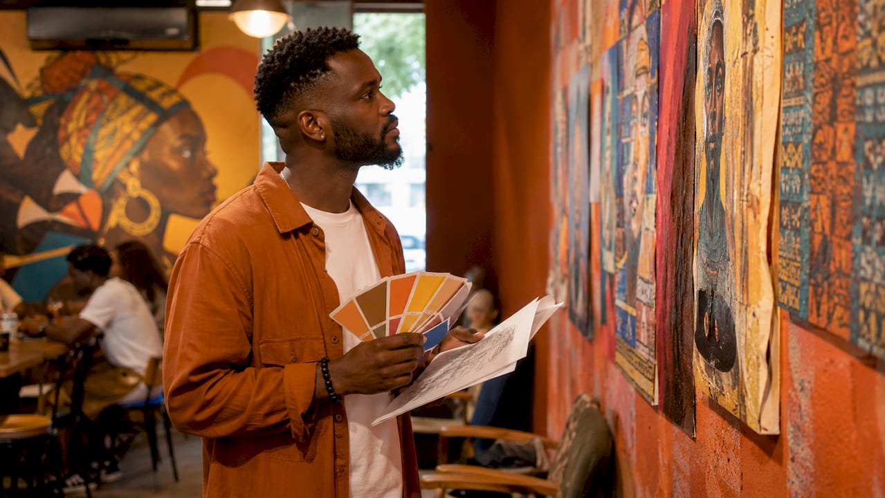 Artist reviewing Black contemporary art sketches