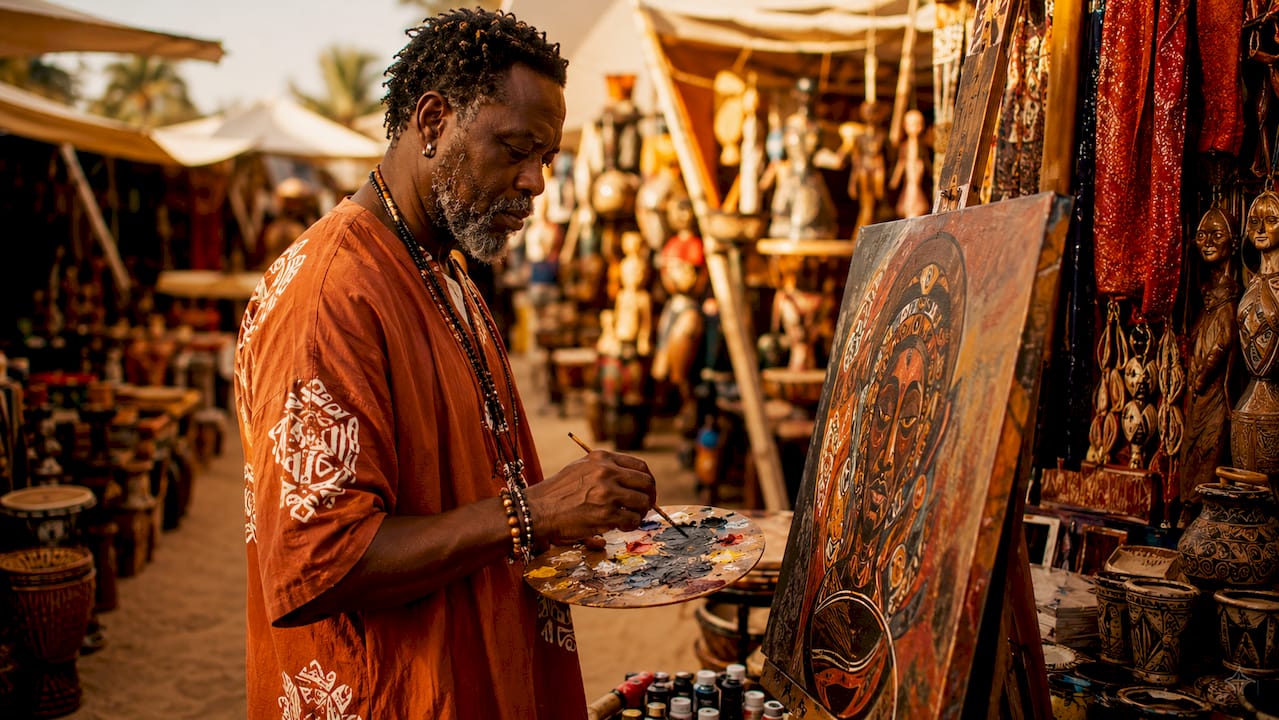 Hands mixing paints in Afro American artist studio