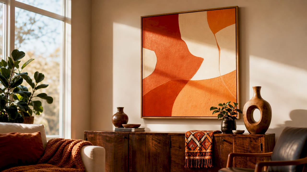 Statement art above wooden console showing size and scale
