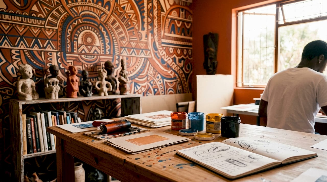 Artist workspace with modern printmaking samples and tools