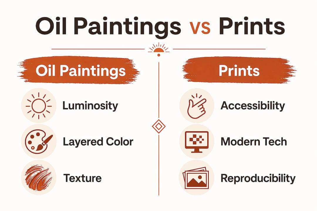 Infographic comparing oil paintings and prints