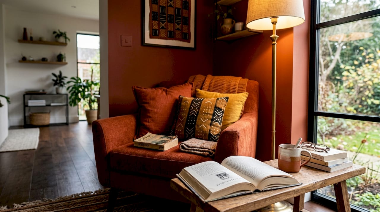 Minimalist reading corner with lamp and books