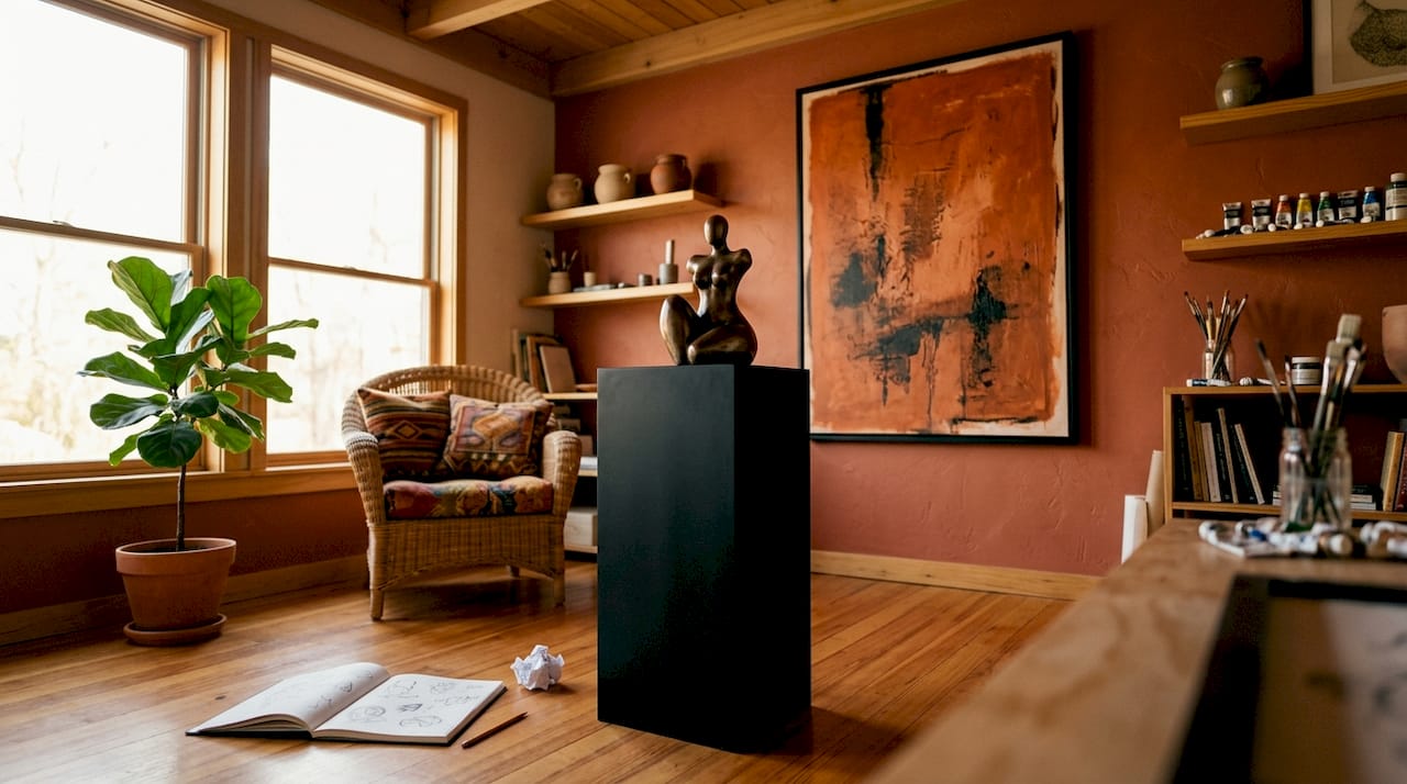 Art studio with minimalist Black sculpture display