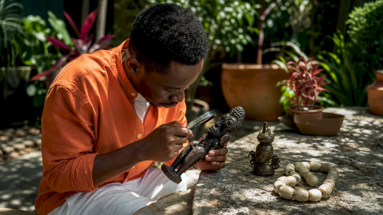 Hands inspecting African tribal art materials