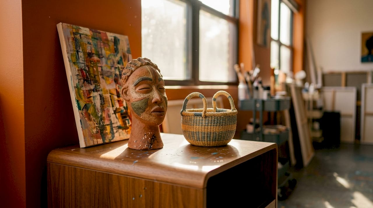 Close-up of Afrocentric art objects on side table