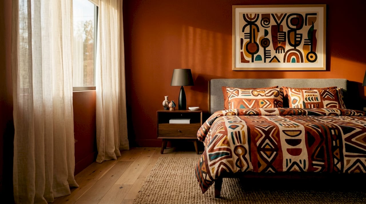Modern bedroom with botanical black love art