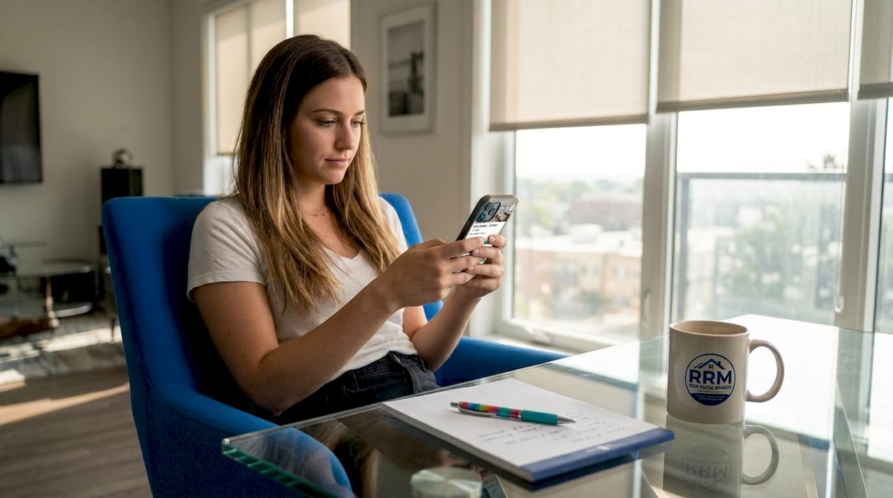 Renter scrolling listings on smartphone in living room