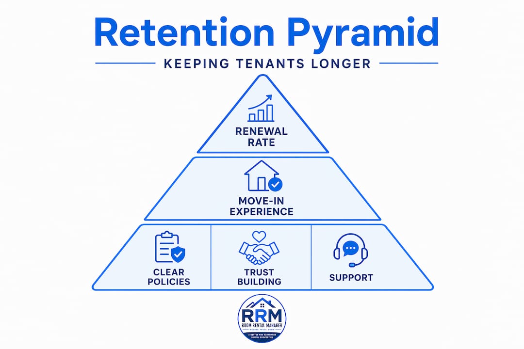 Infographic showing tenant retention pyramid with top renewal rate