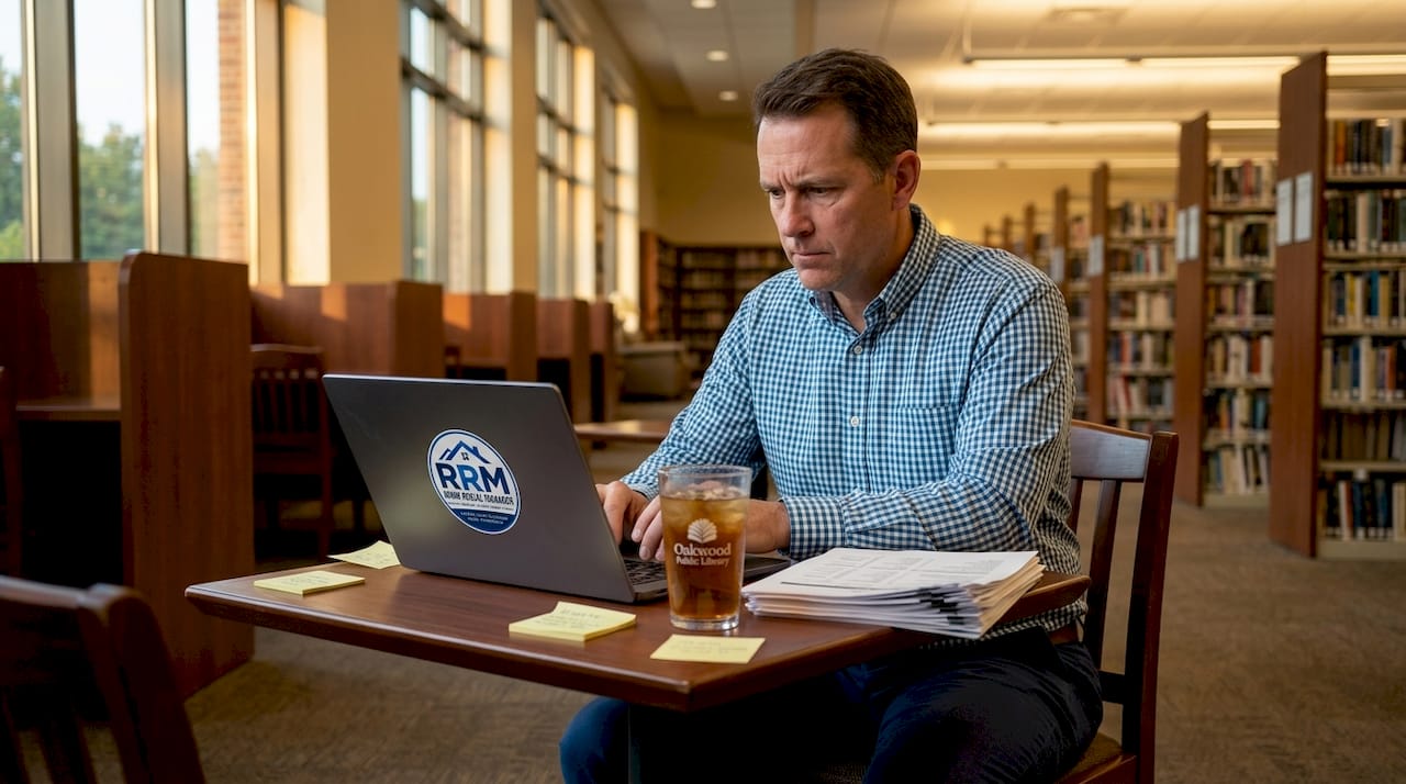 Man reviewing property records at library computer