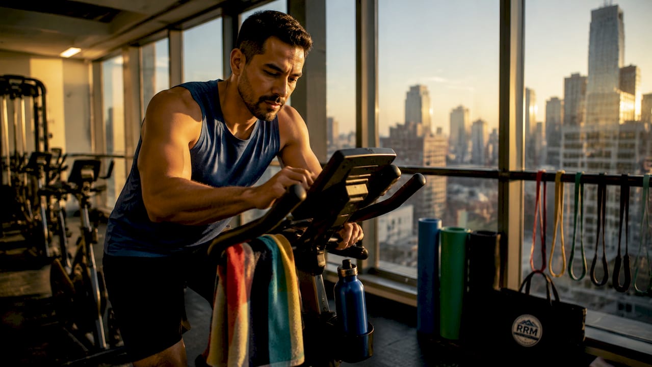 Man using treadmill in shared gym room