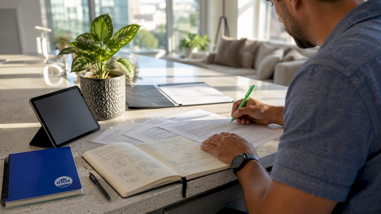 Overhead view of landlord managing rental documents