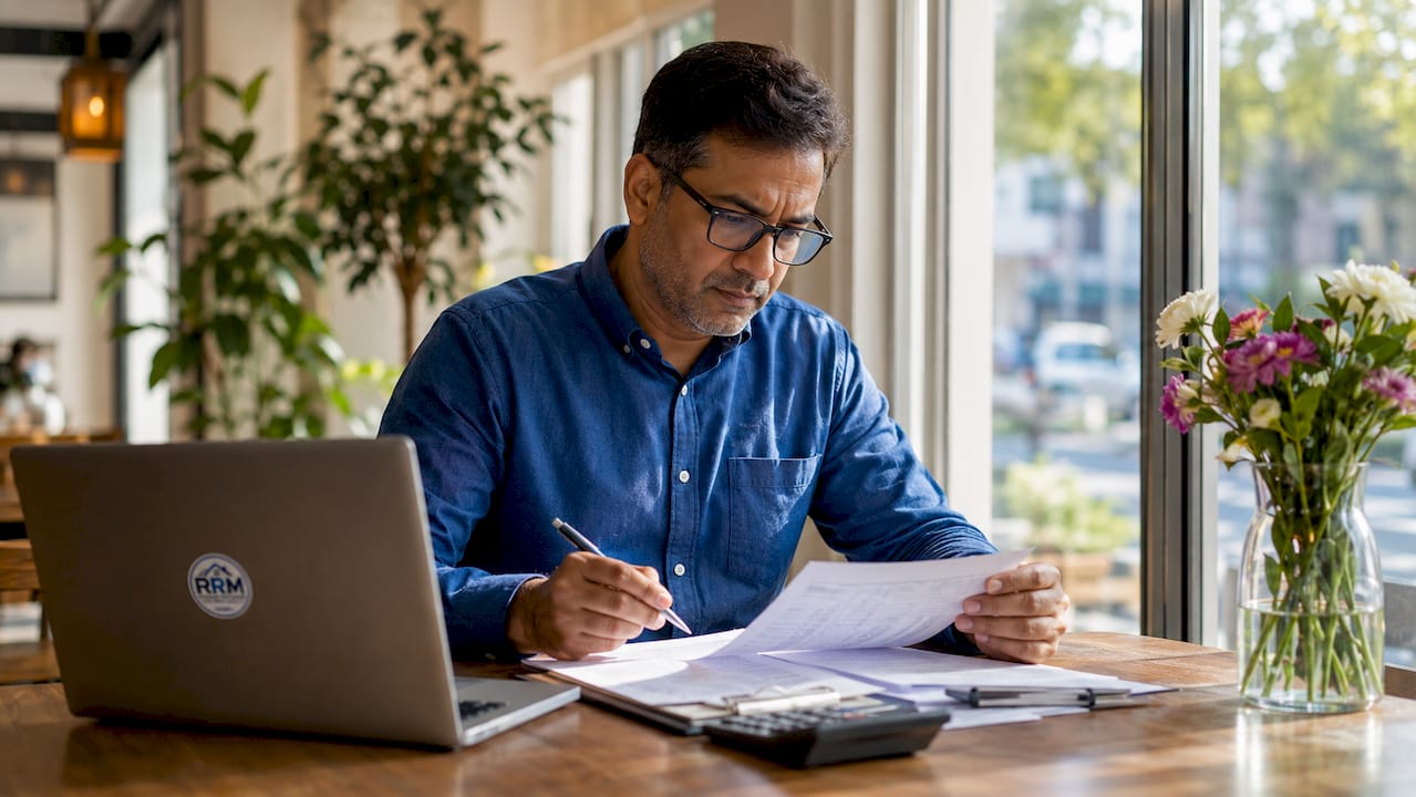 Man reviewing apartment rental bills at desk