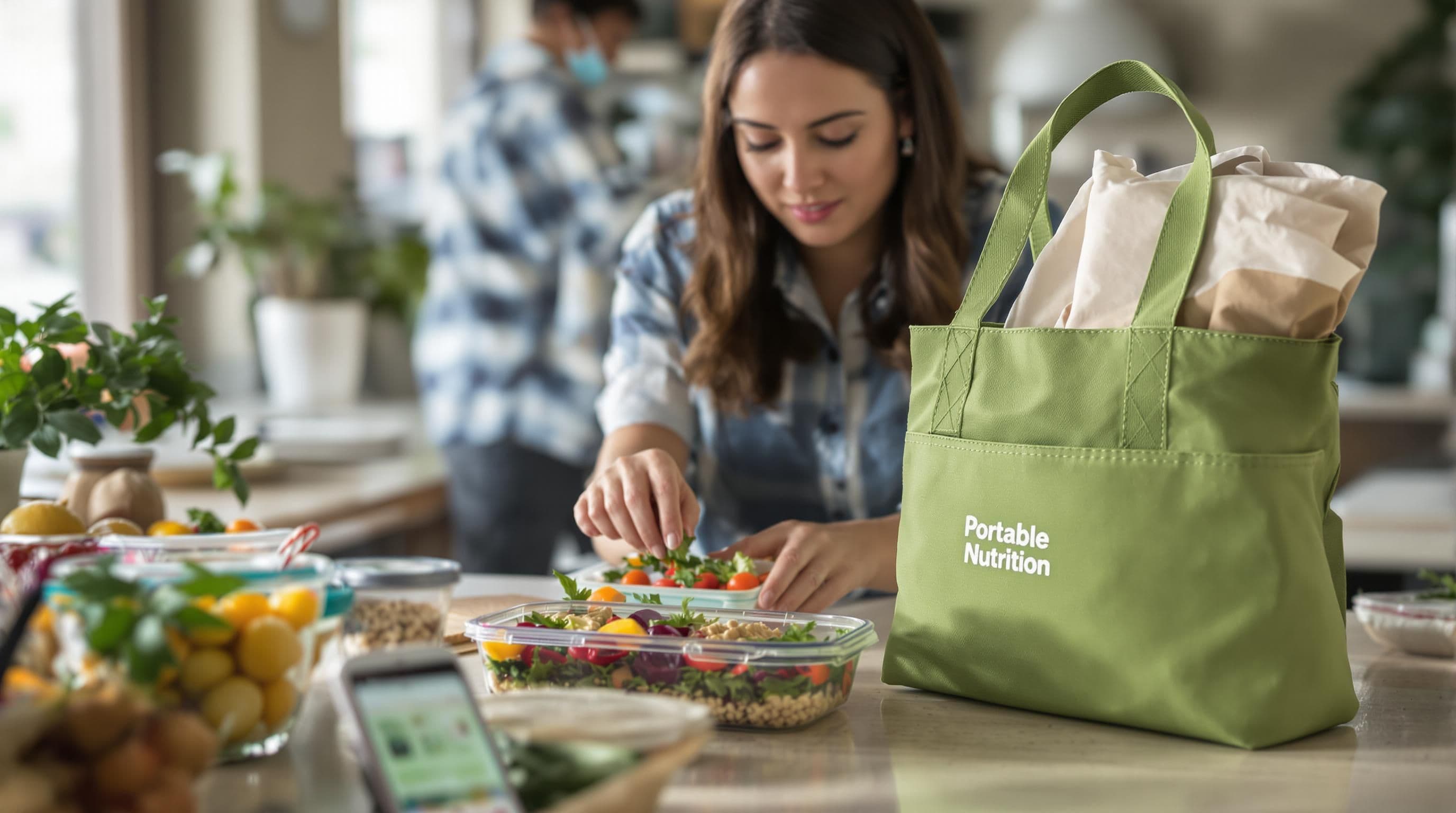 Professional packing healthy meal in office with nutrition app visible