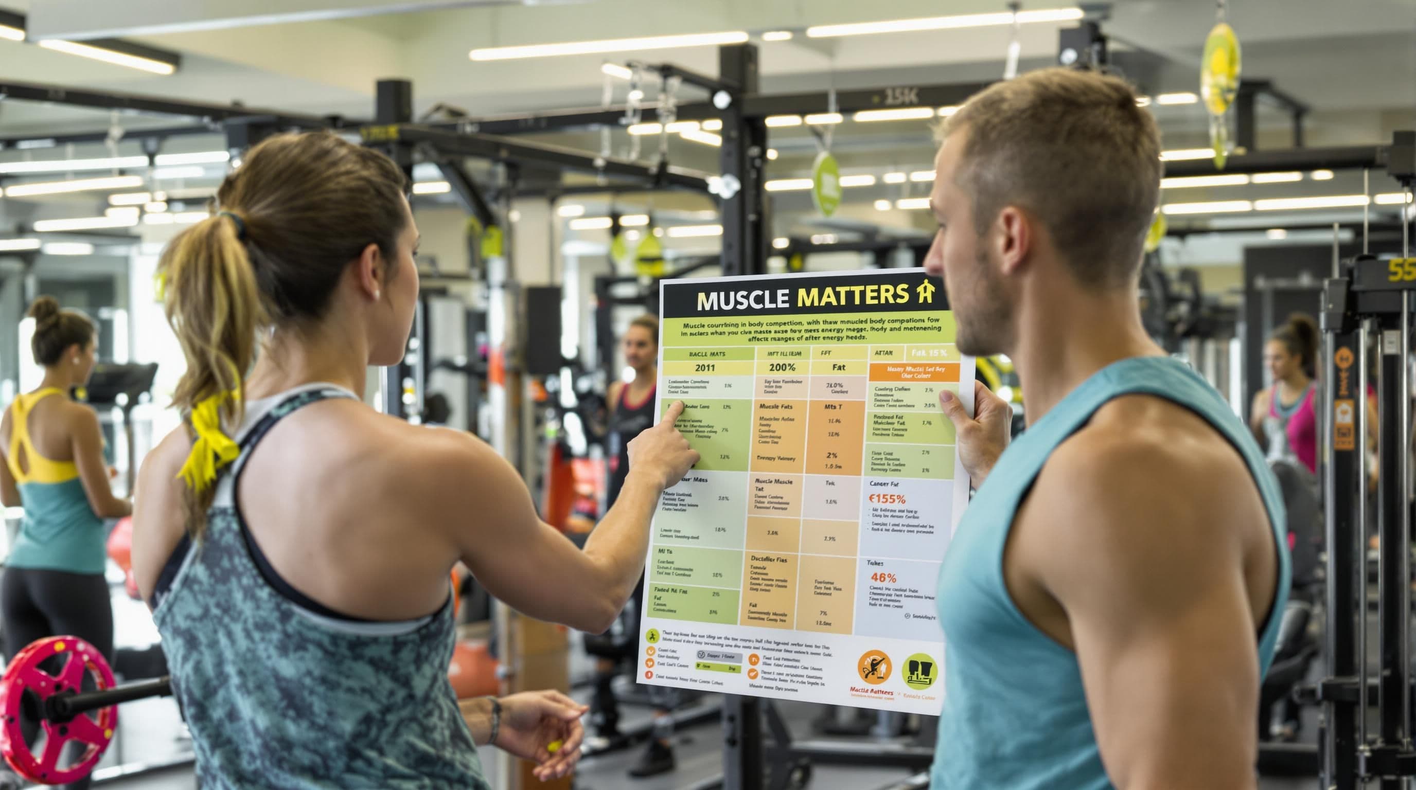 Trainer explains body composition chart on muscle and fat