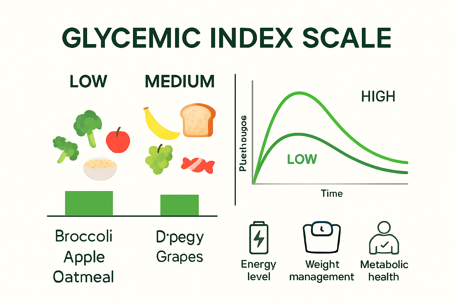 Glycemic index scale with food examples and blood sugar curves