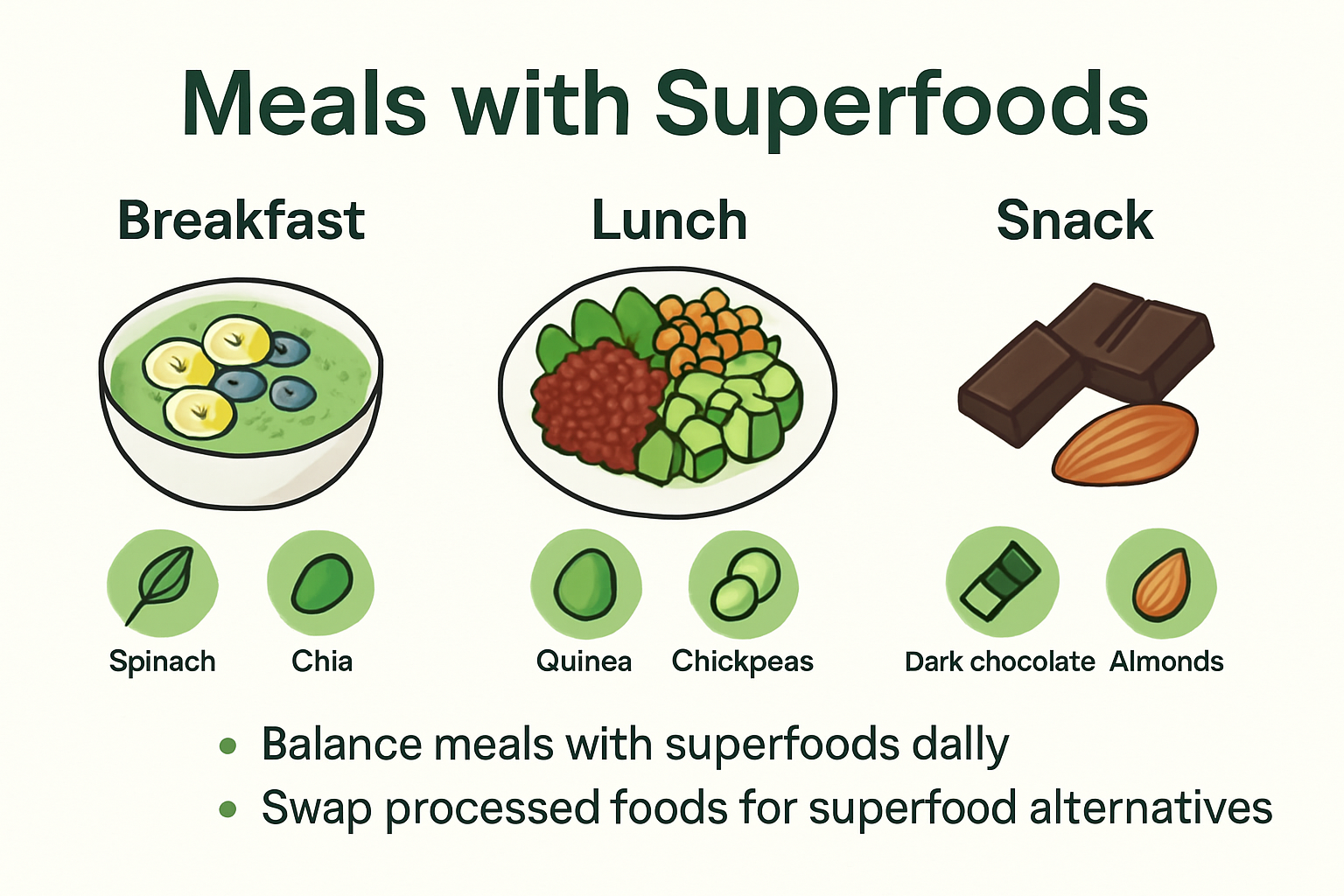 Infographic of daily superfood meal ideas for weight loss.