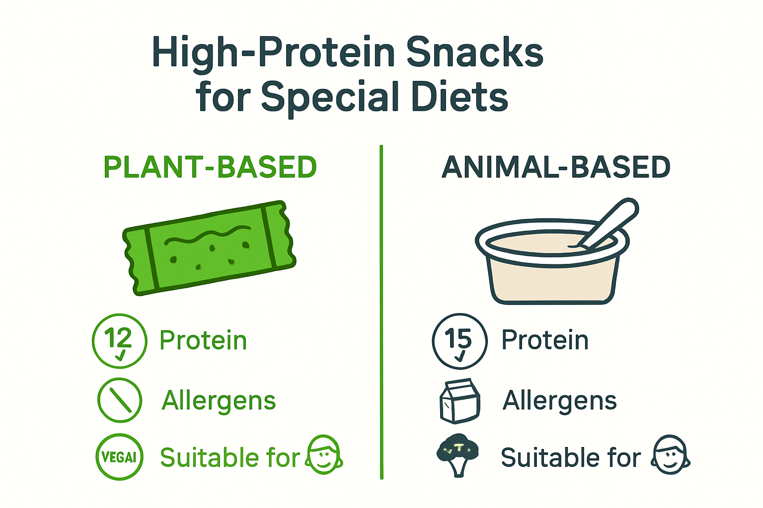 Infographic comparing plant and animal protein snack options by dietary needs.
