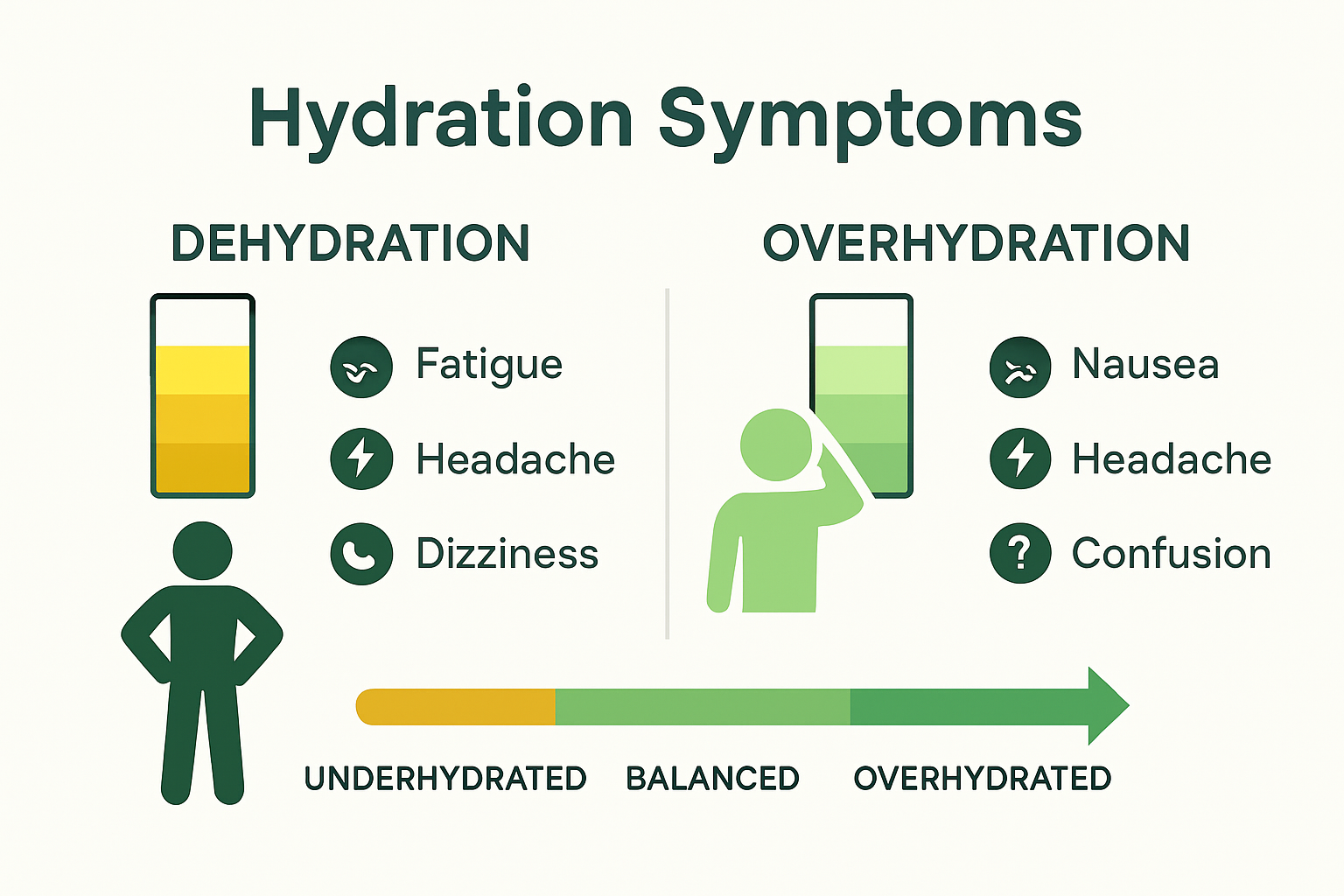 Infographic showing signs of dehydration vs overhydration