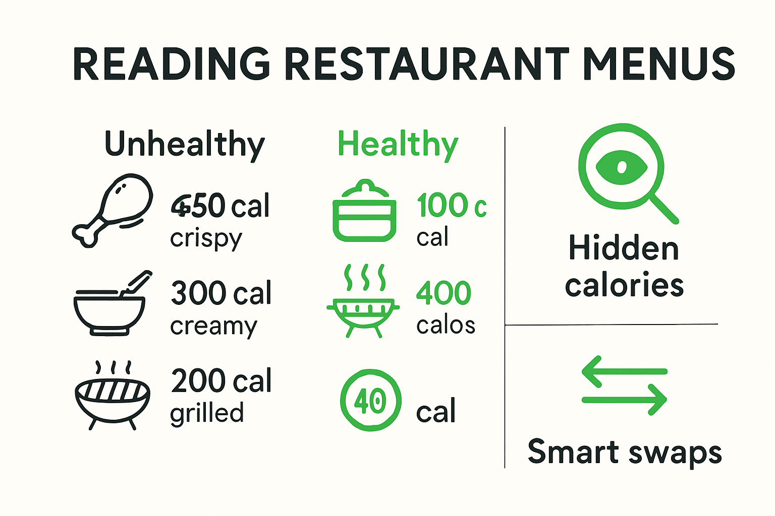 Infographic showing healthy versus unhealthy restaurant menu terms and hidden calorie signals