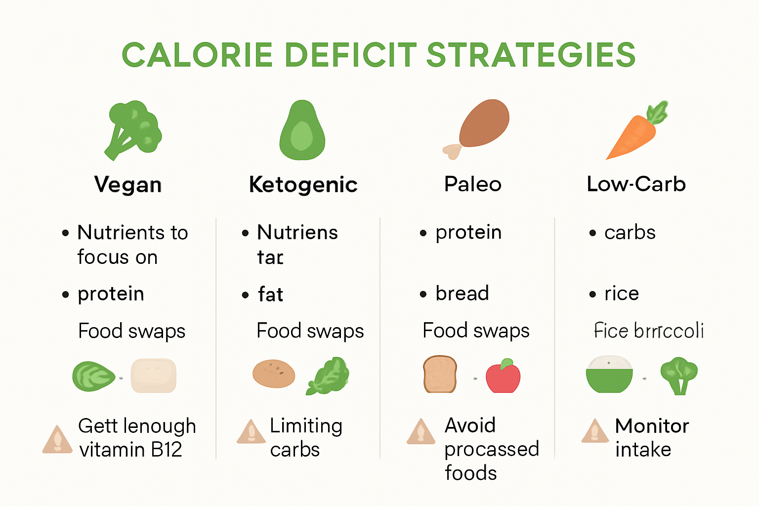 Infographic comparing calorie deficit strategies for different diets
