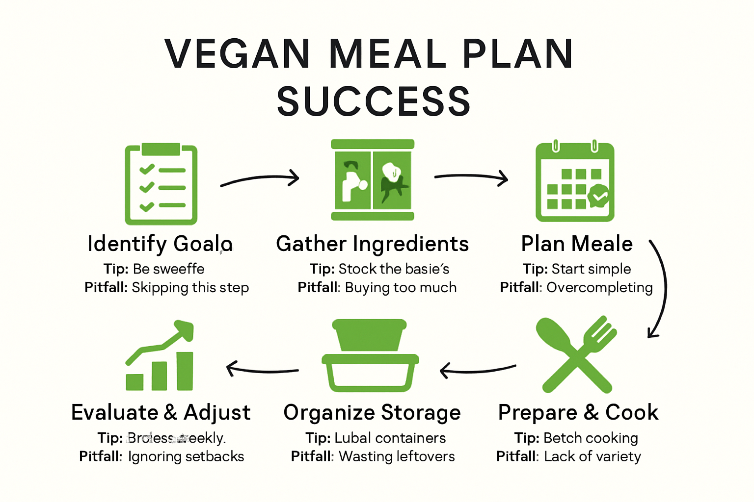 Six steps infographic for beginner vegan meal planning