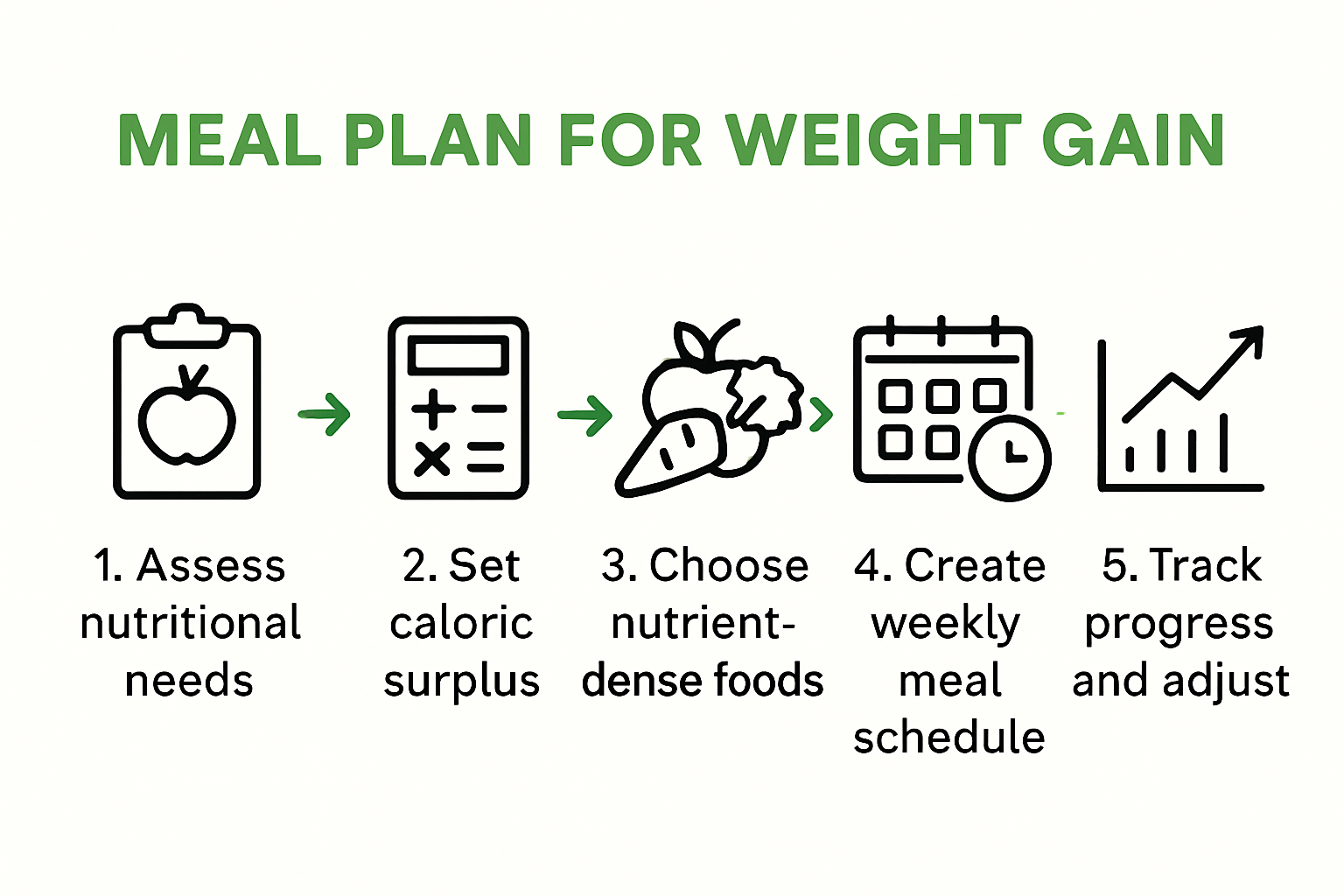 Infographic showing 5 steps of weight gain meal planning
