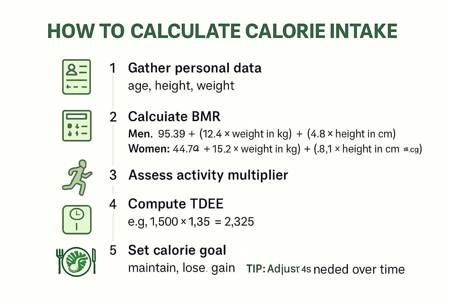 Infographic showing steps to calculate calorie intake