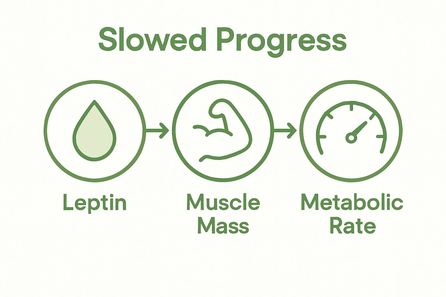 Visual showing leptin, muscle mass, and metabolism changes in plateau