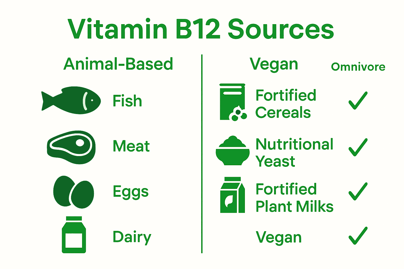 Infographic comparing animal and vegan Vitamin B12 sources by diet type.
