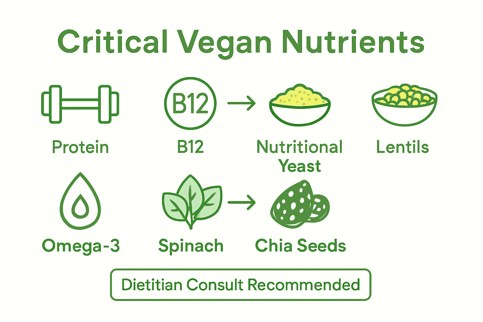 Infographic showing key vegan nutrients and their plant-based food sources.