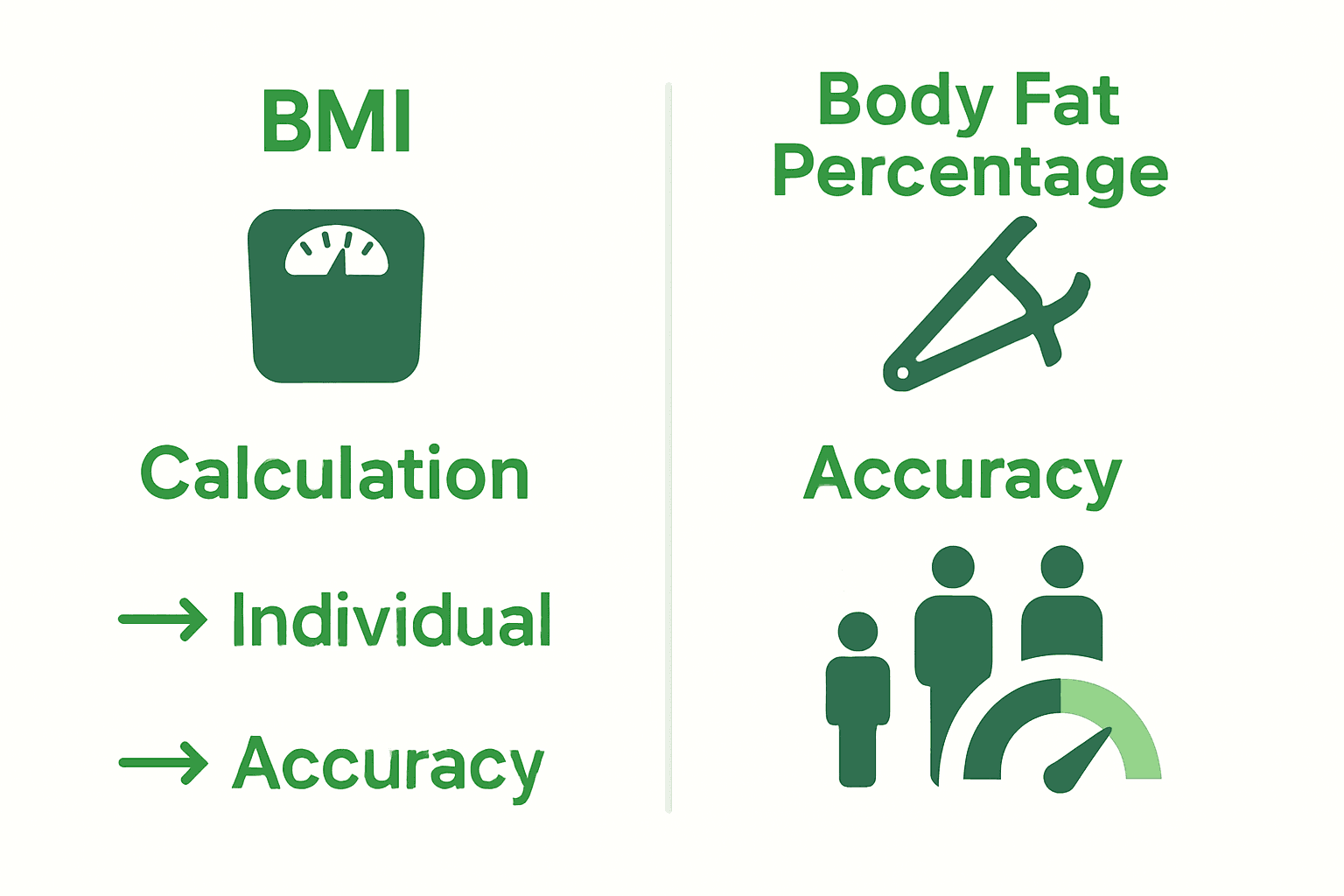 Infographic comparing BMI calculation vs body fat percentage accuracy and health risks