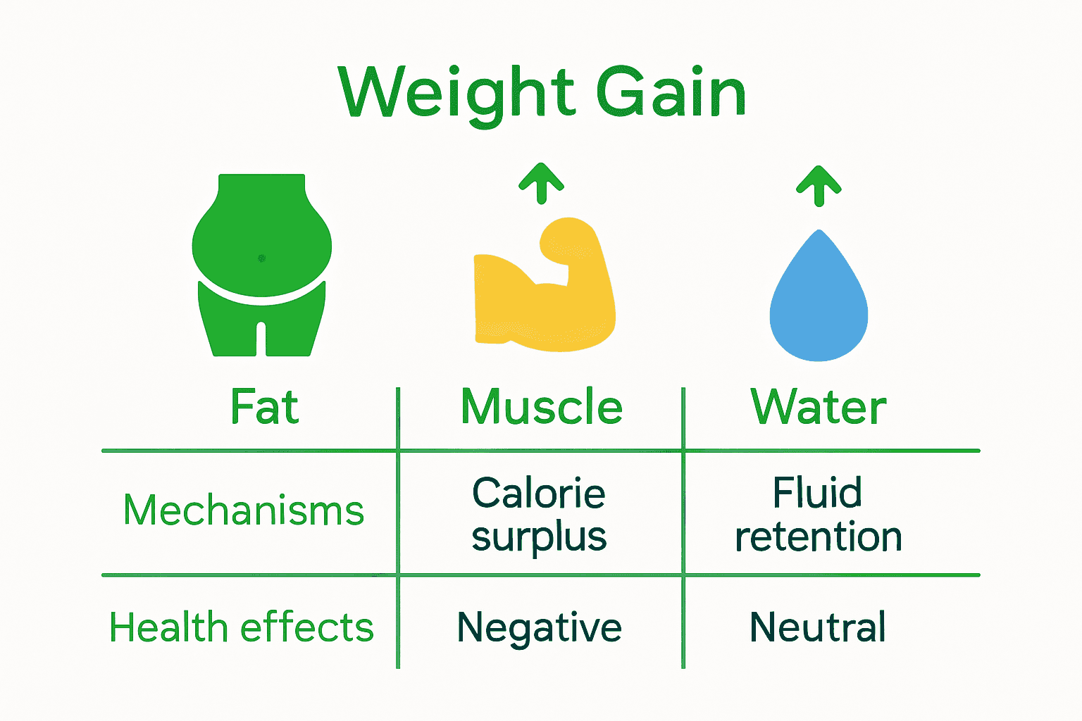Infographic comparing fat, muscle, and water weight gain mechanisms