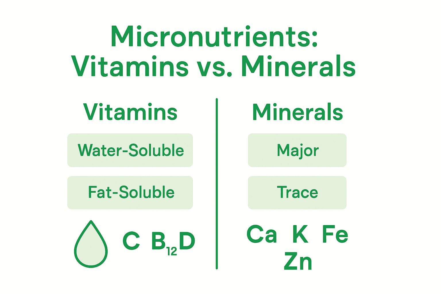 Complete Guide to Micronutrients for Optimal Health 1 Infographic comparing vitamins and minerals by type and function