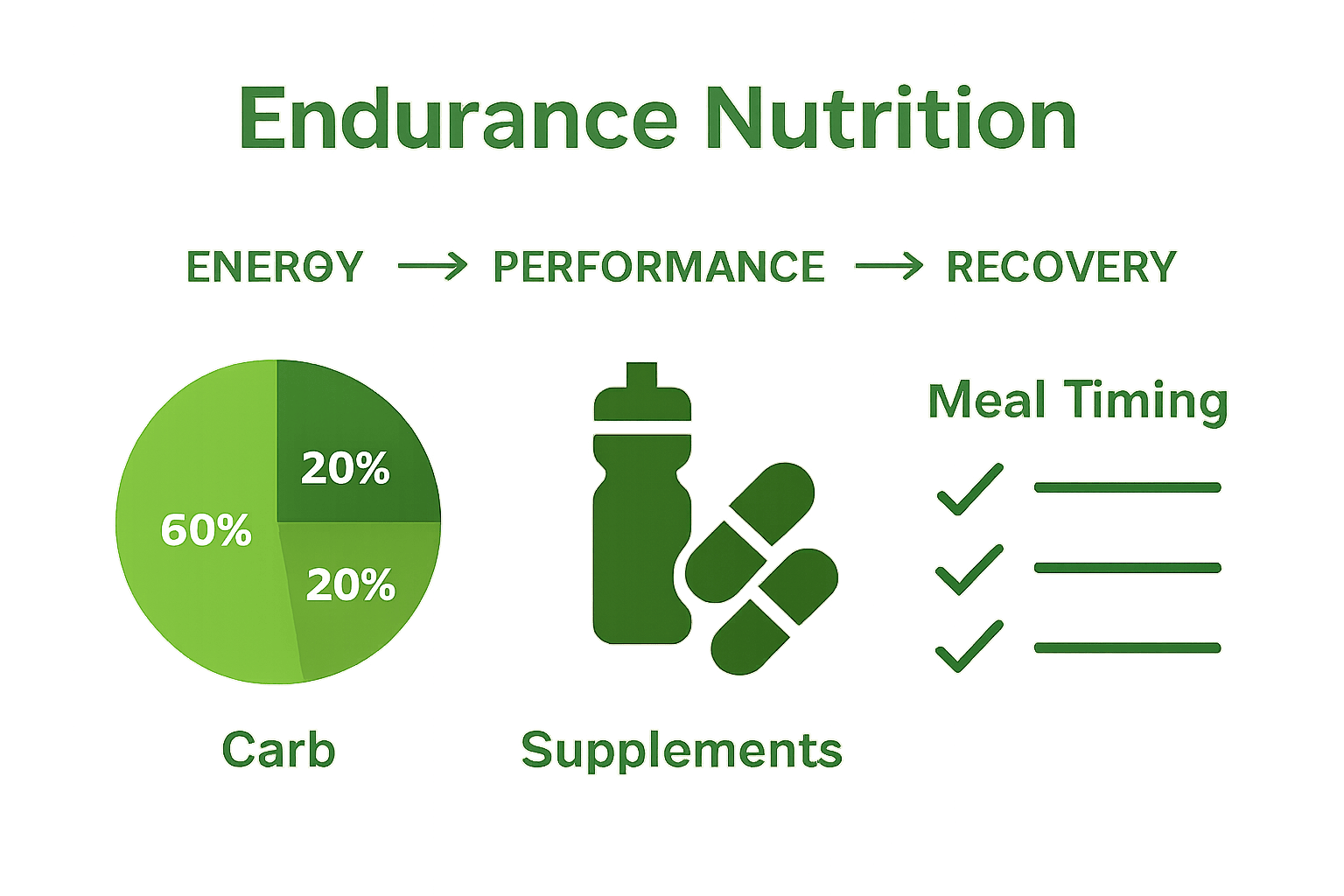 Infographic showing macronutrient ratios, hydration, and meal timing for endurance athletes