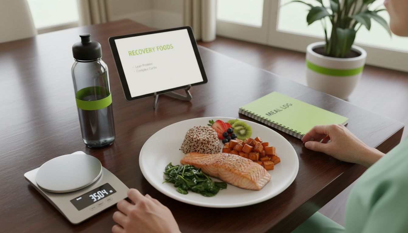 Balanced athlete meal with meal log