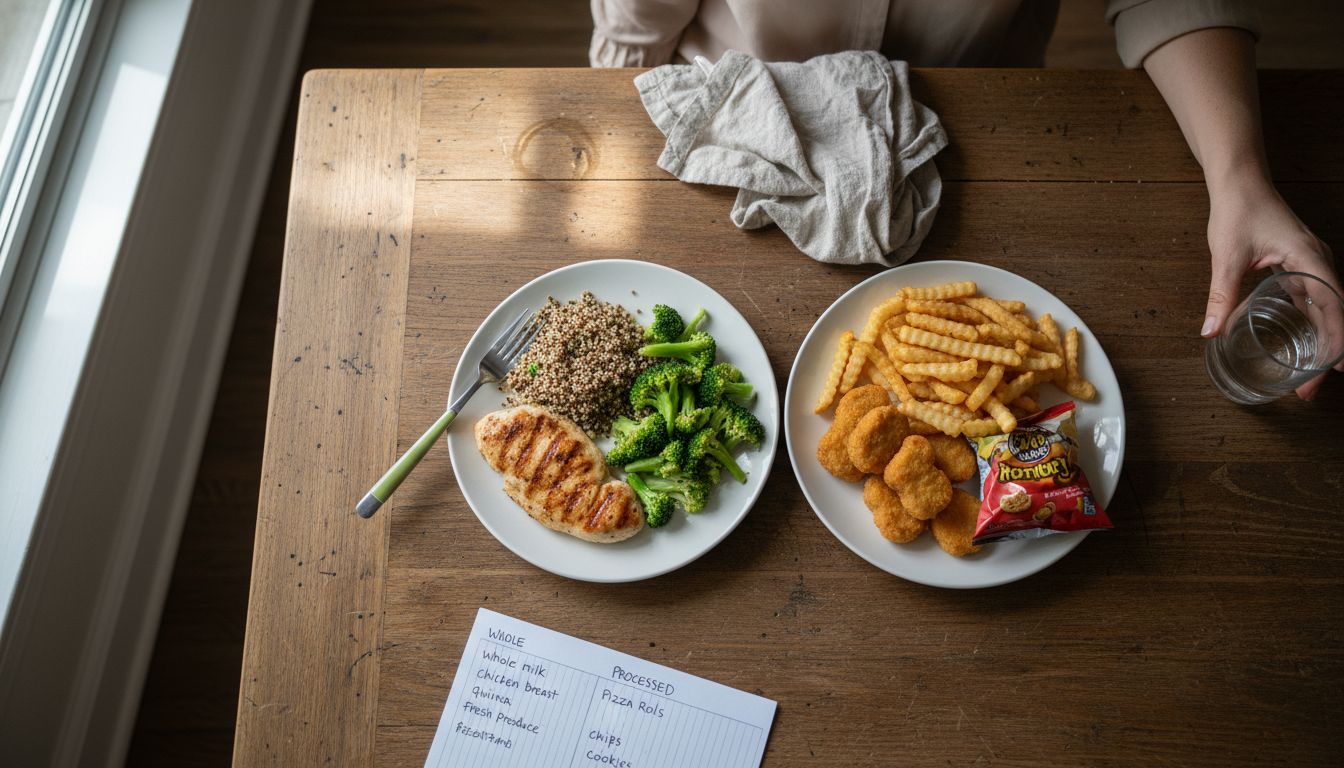 Side-by-side whole and processed meal comparison