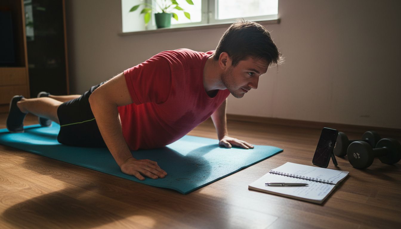 Man doing pushups in small cluttered apartment