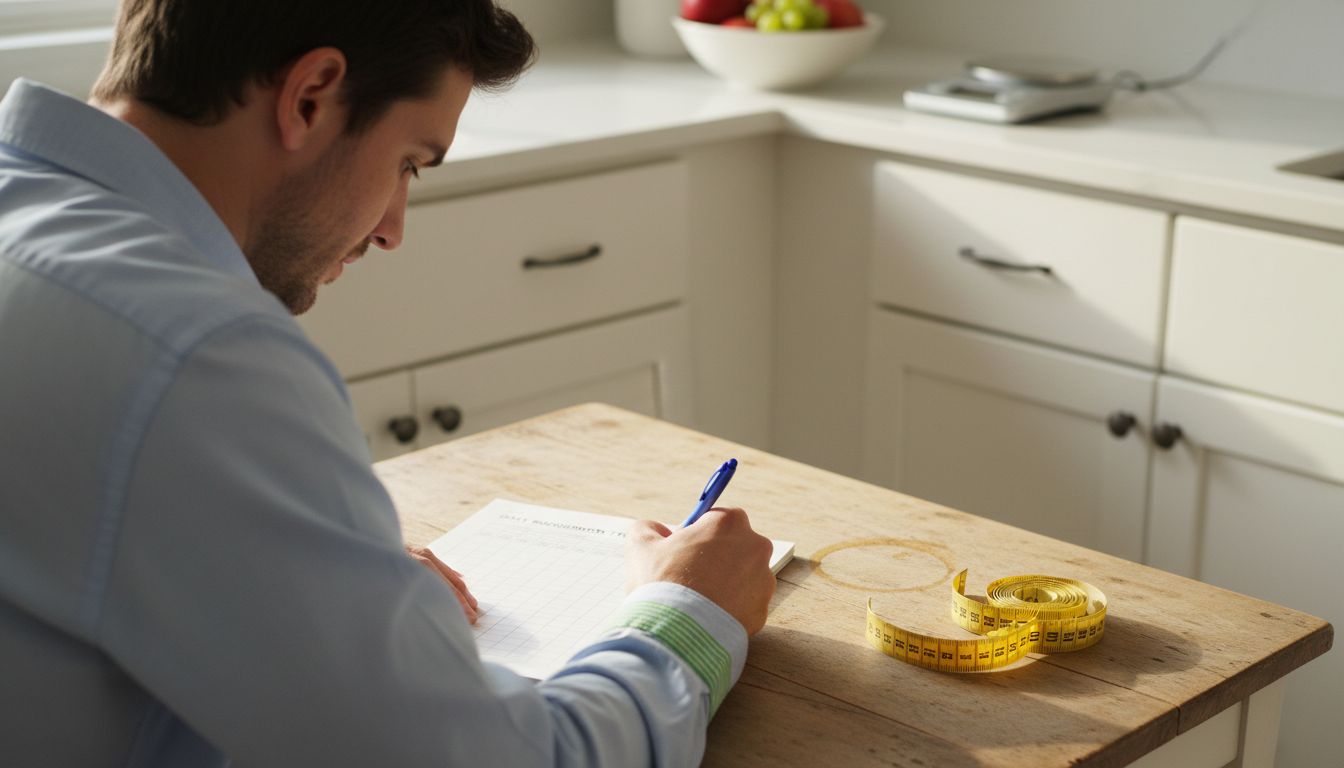 Man writing body measurements log