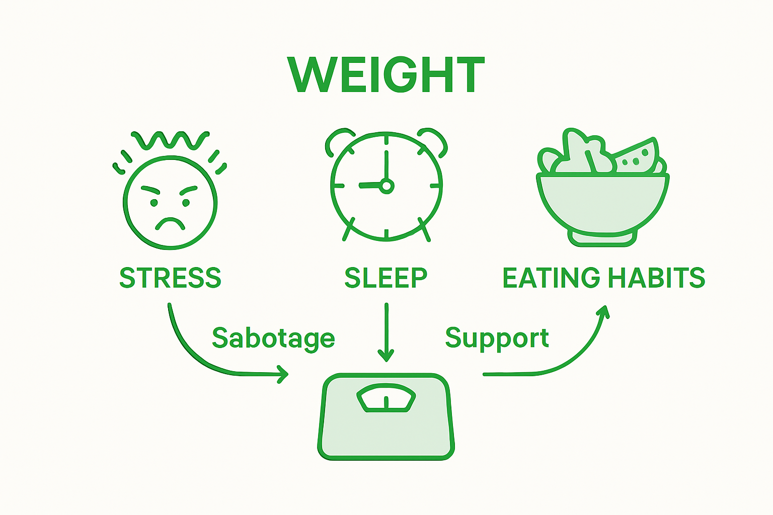 Infographic linking stress, sleep, and eating to weight