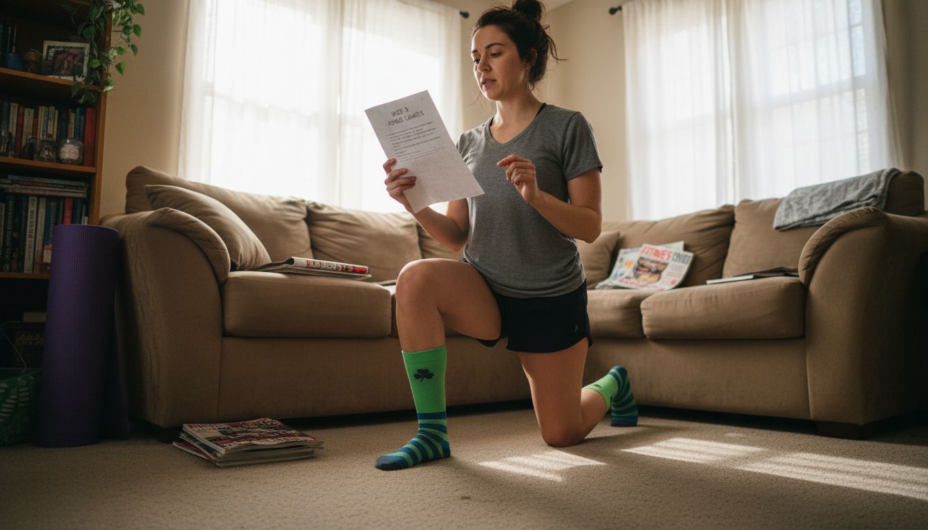Woman lunging by sofa with exercise plan