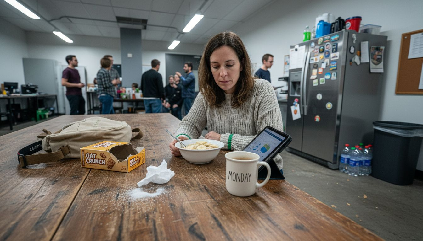 Importance of Breakfast – How It Shapes Daily Wellness 1 Woman eating oatmeal at office break room