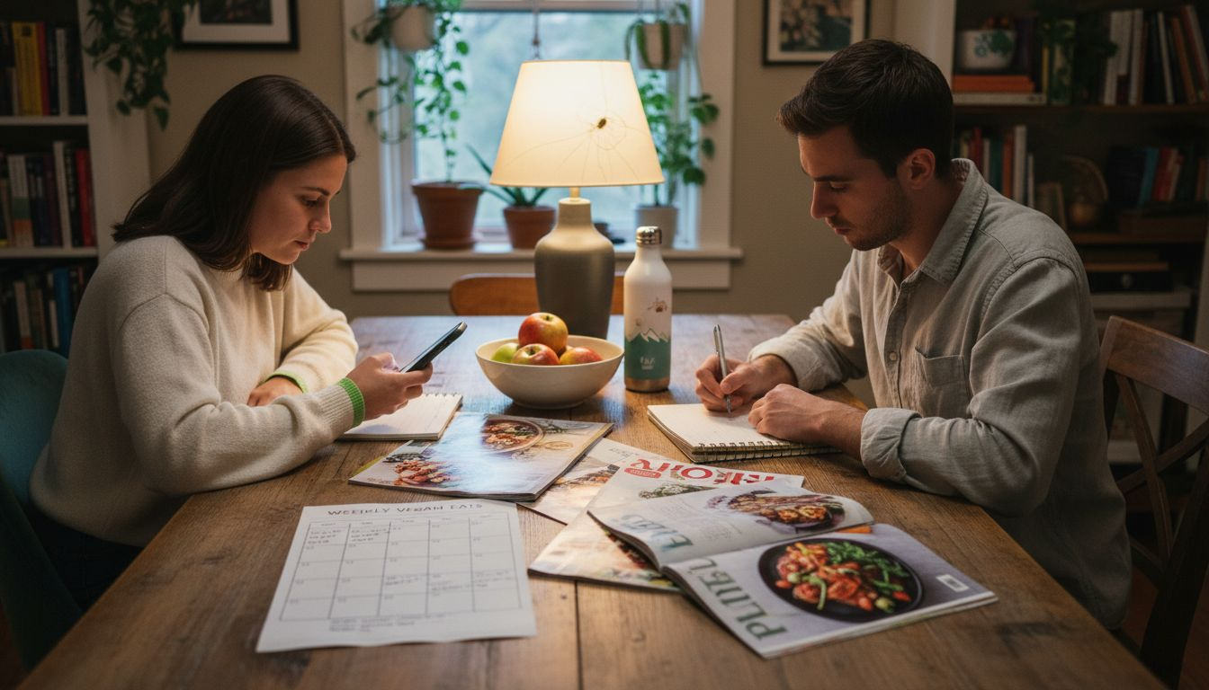Whole Food Vegan Diet: Benefits and Daily Impact 2 Couple planning vegan meals at table