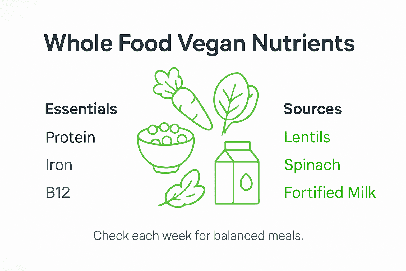 Whole Food Vegan Diet: Benefits and Daily Impact 1 Infographic shows key vegan nutrients and sources