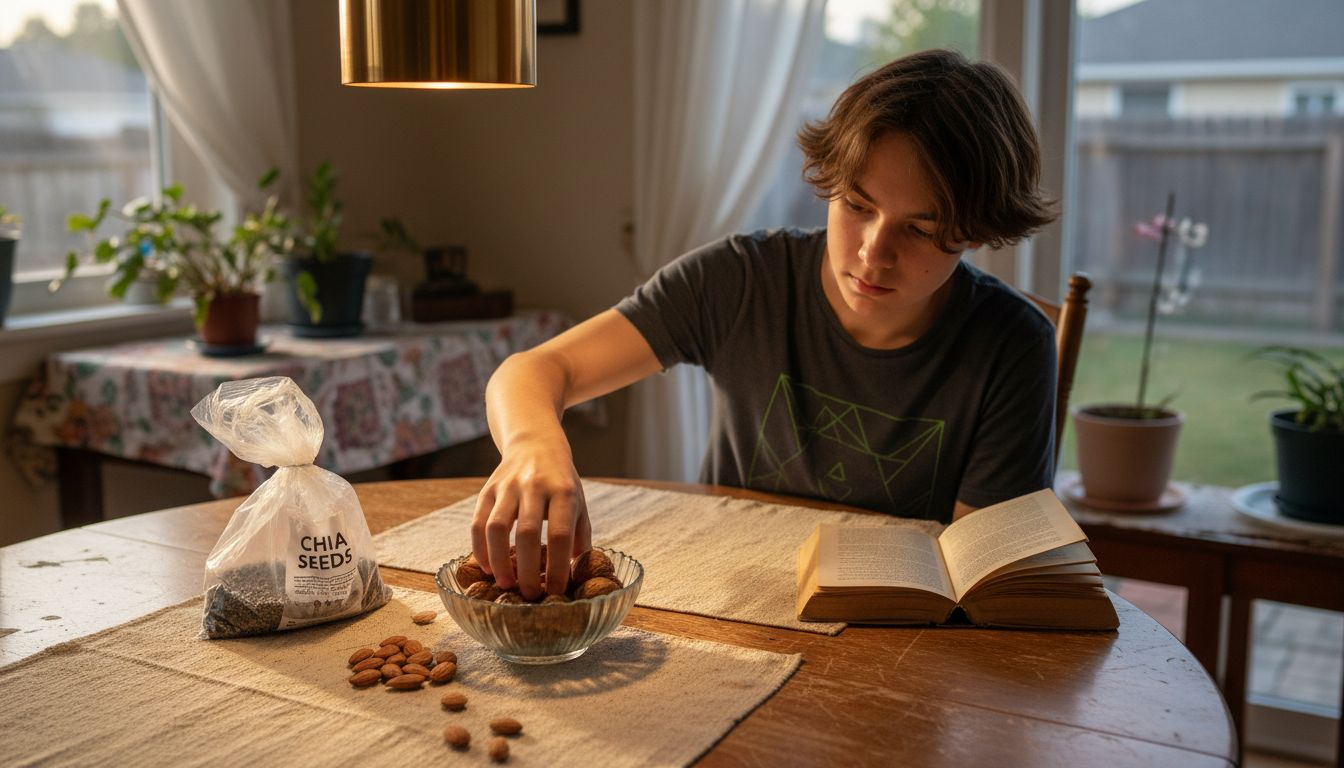 Healthy Fats Vegan: Powering Wellness and Nutrition 2 Teen eating walnuts and seeds at dining table